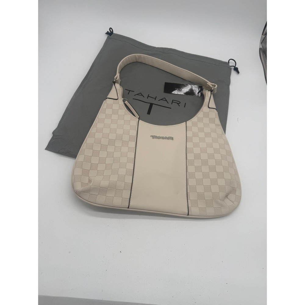 Tahari Cream Checkered Hobo Shoulder Bag Tote with Exterior Pocket and Dust Bag